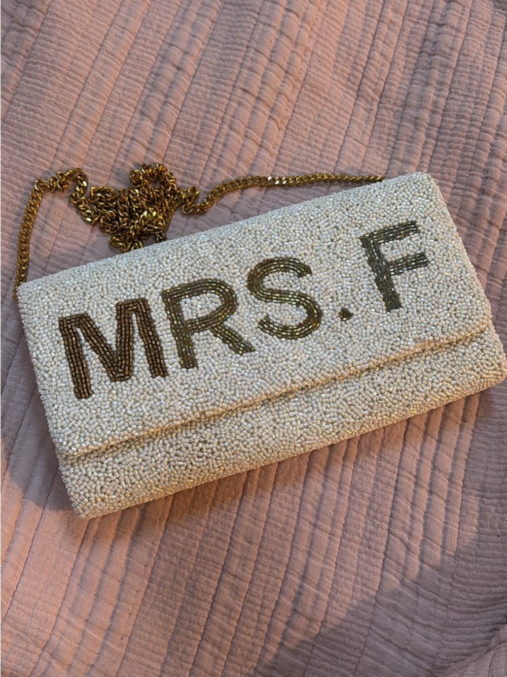 Ivory Beaded Clutch with Gold Lettering and Chain